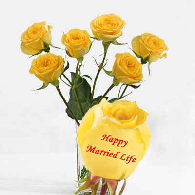 "Talking Roses (Print on Rose) (6 Yellow Roses) Happy Married Life - Click here to View more details about this Product